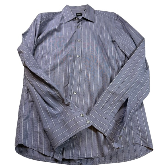 BOSS Hugo Boss Mens Medium Dress Shirt Gray Striped Button Up Long Sleeve - Picture 1 of 5